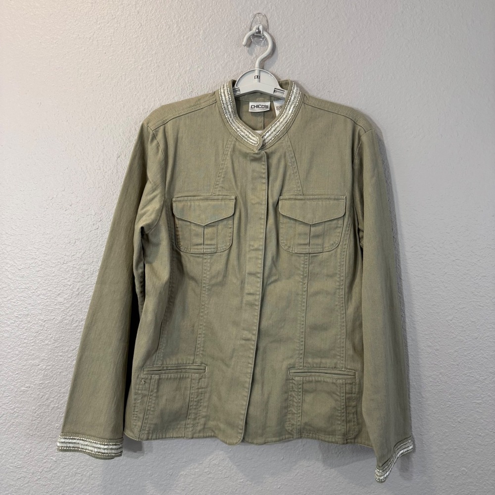 Chico's Women's Size 3/XL Tan Cotton Blend Beaded Trim Hook Eye Closure Jacket